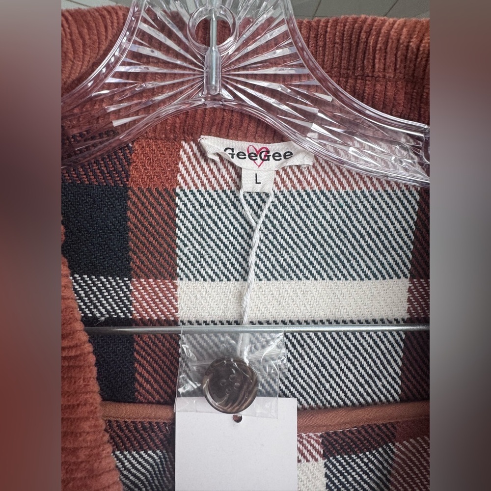 GeeGee Navy Rust and Cream Plaid Button-Up Jacket with Corduroy Collar large - Picture 3 of 4